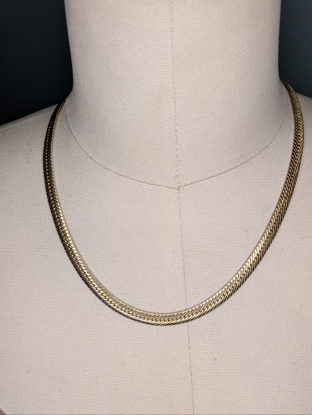 Vintage Korea Gold Tone Flat Textured Herringbone Chain Necklace